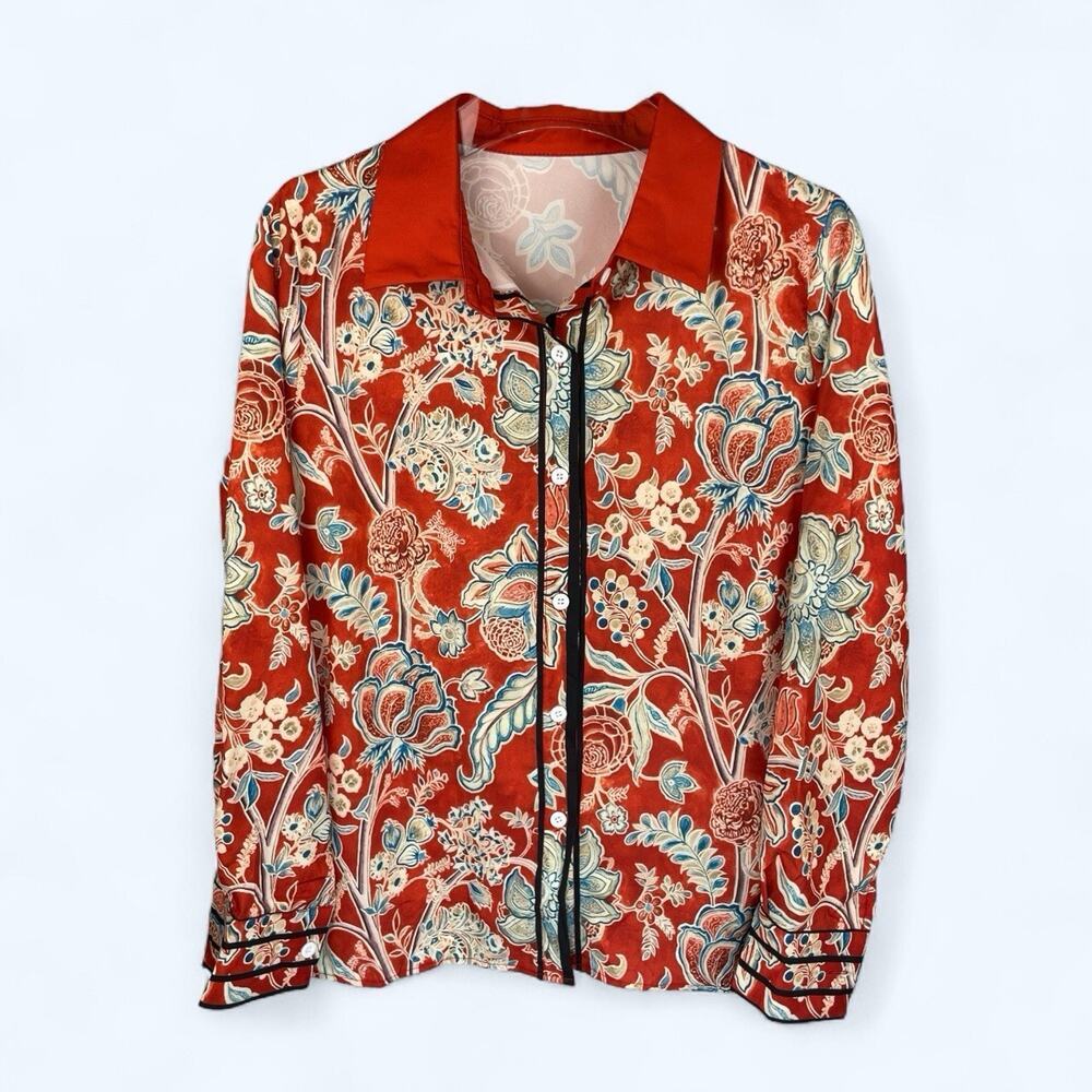 CherryBetty Vintage Floral Print Collared Blouse Red Long Sleeve Medium